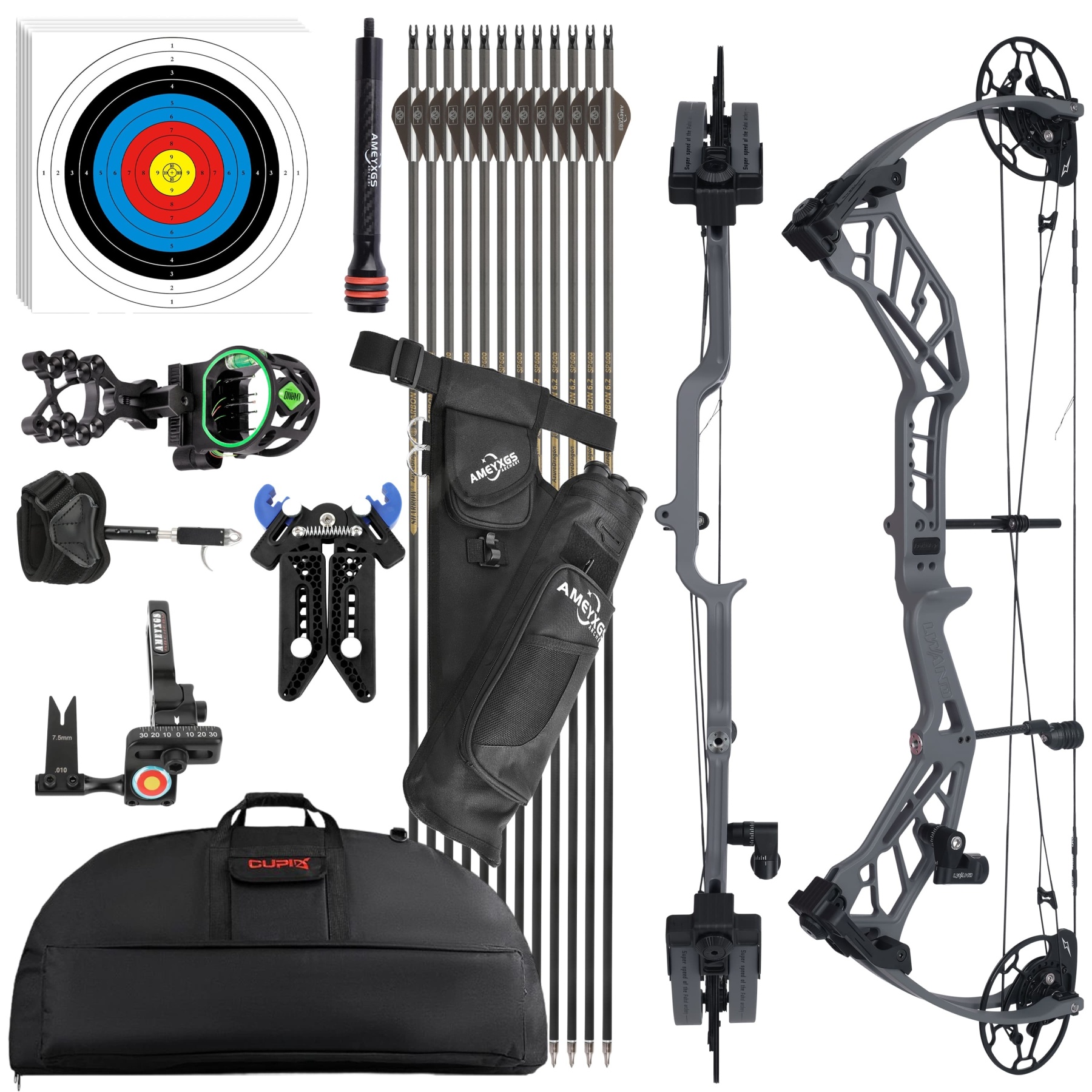 Archery Compound Bow 40-70lbs 343fps CNC 7075 with V-Bar