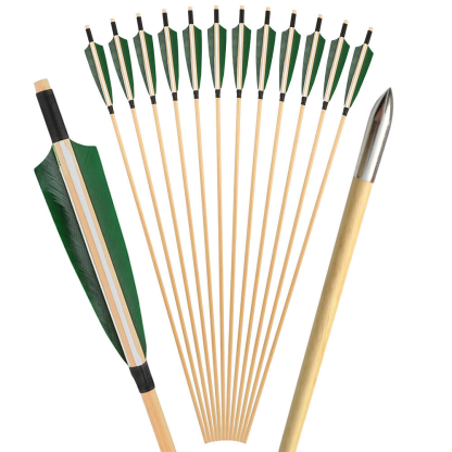 Traditional Wooden Arrows, 31.5", 8mm, 5" Shield Feathers, 12pcs Set, Steel Tips