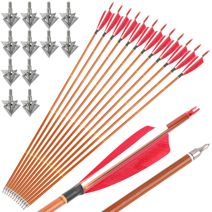 12pcs 30" Mixed Carbon Bamboo Pattern Arrows with 12 Extra Cross-Star Arrowheads – Multi-Color Feather Set