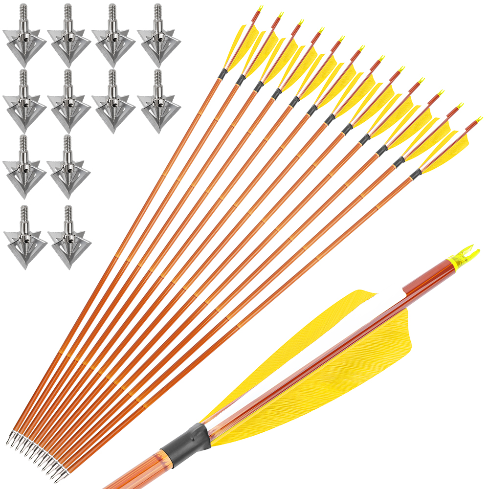12pcs 30" Mixed Carbon Bamboo Pattern Arrows with 12 Extra Cross-Star Arrowheads – Multi-Color Feather Set