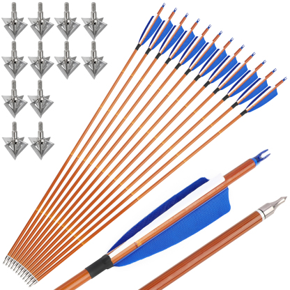 12pcs 30" Mixed Carbon Bamboo Pattern Arrows with 12 Extra Cross-Star Arrowheads – Multi-Color Feather Set
