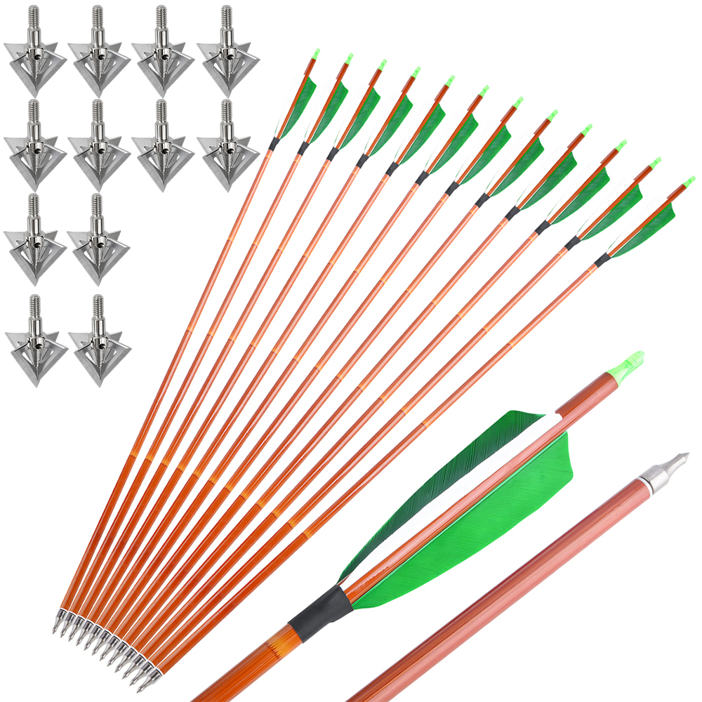 12pcs 30" Mixed Carbon Bamboo Pattern Arrows with 12 Extra Cross-Star Arrowheads – Multi-Color Feather Set