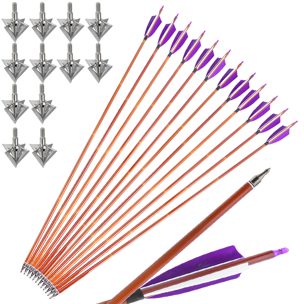 12pcs 30" Mixed Carbon Bamboo Pattern Arrows with 12 Extra Cross-Star Arrowheads – Multi-Color Feather Set