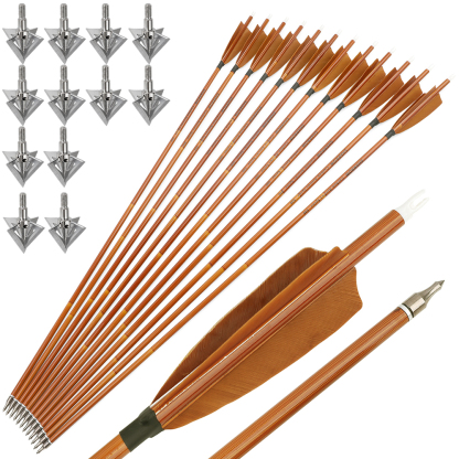 12pcs 30" Mixed Carbon Bamboo Pattern Arrows with 12 Extra Cross-Star Arrowheads – Multi-Color Feather Set