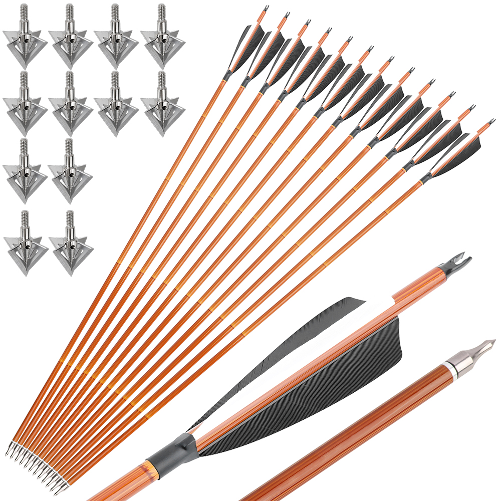 12pcs 30" Mixed Carbon Bamboo Pattern Arrows with 12 Extra Cross-Star Arrowheads – Multi-Color Feather Set