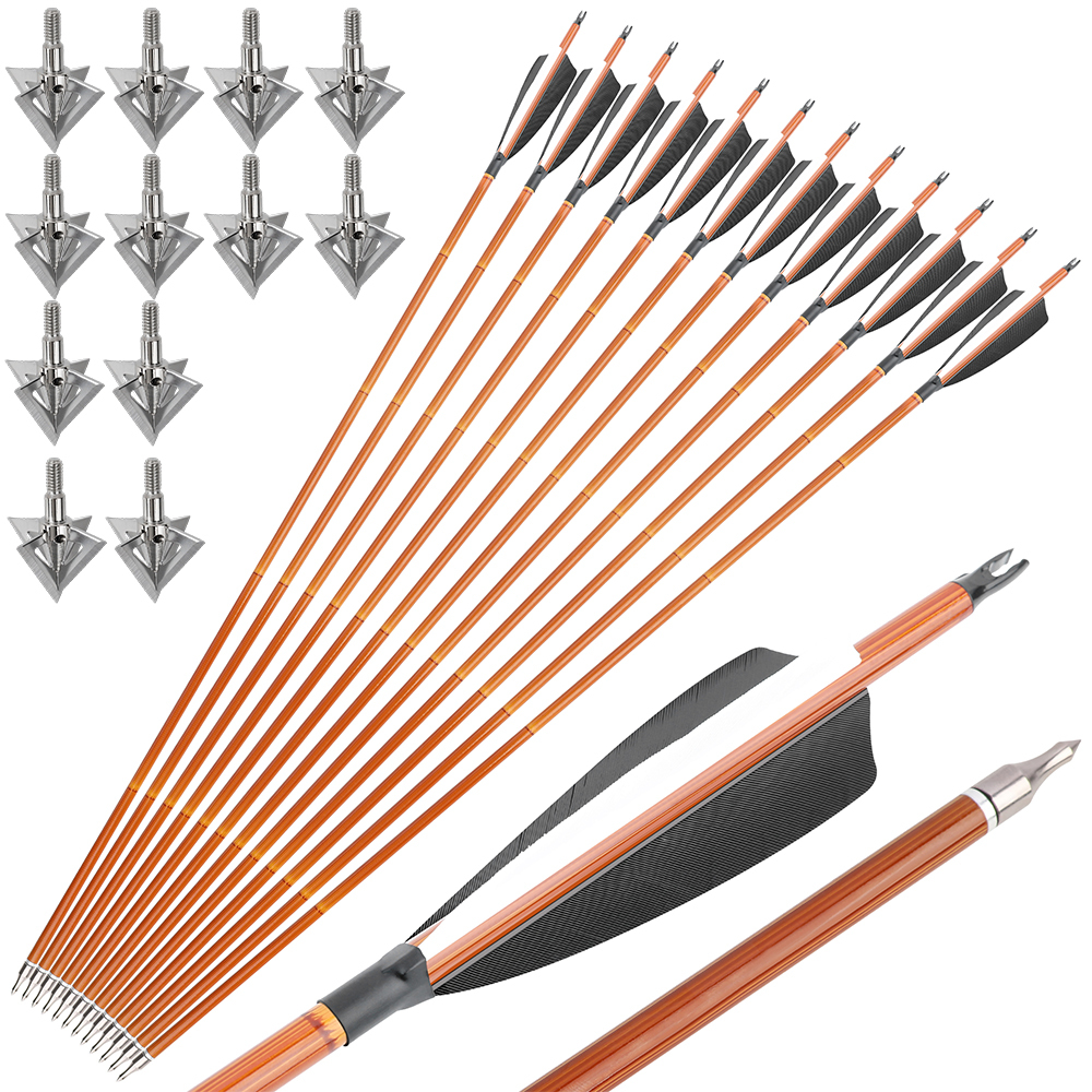 12pcs 30" Mixed Carbon Bamboo Pattern Arrows with 12 Extra Cross-Star Arrowheads – Multi-Color Feather Set
