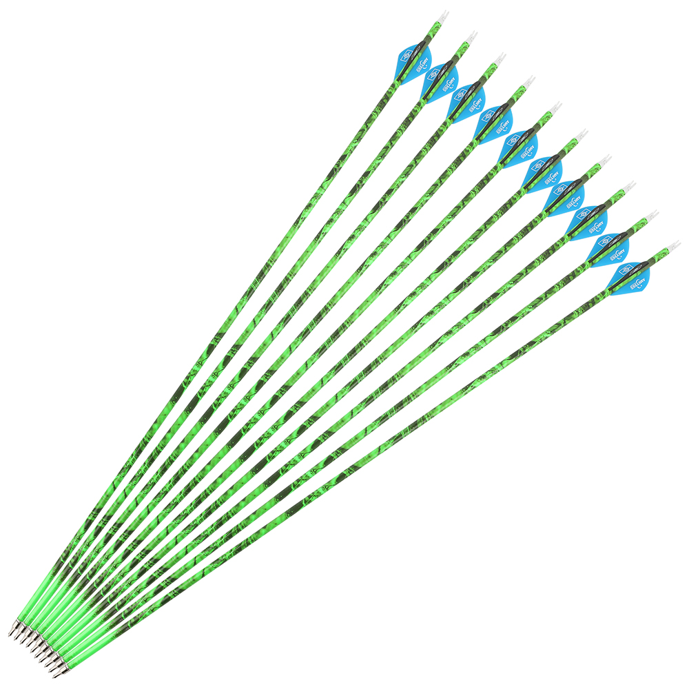 12PCS Camouflage Mixed Carbon Arrows 500 Spine 30in – Green, Yellow, Red