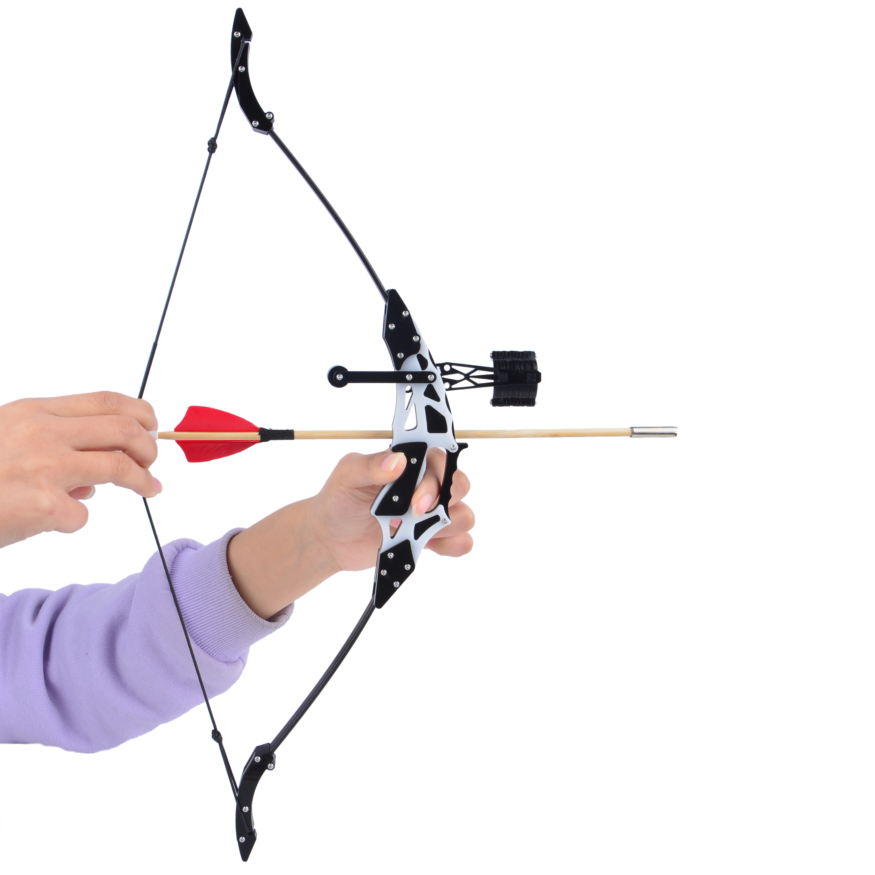 Mini Bow, 18 lbs, Black & White, Carbon Plastic Riser, Ultra-Lightweight Archery Set
