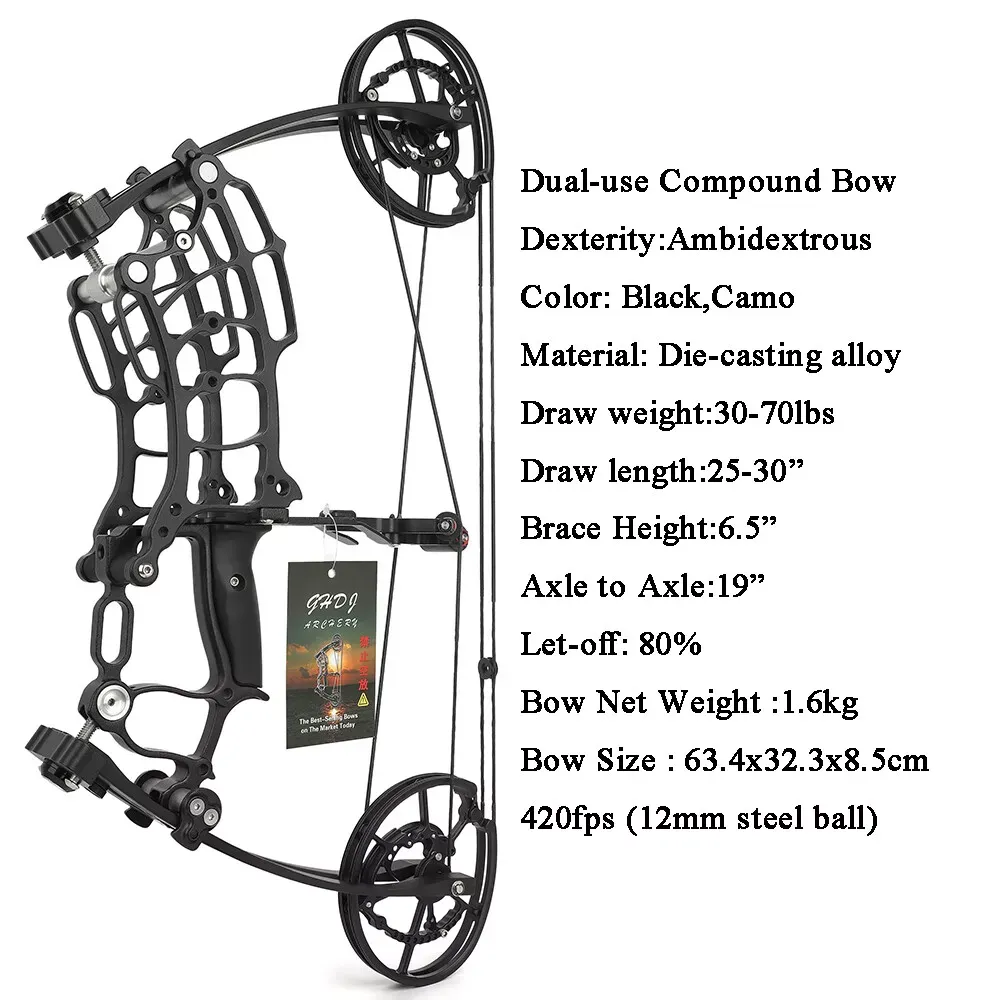  30-70lbs Compound Bow Steel Ball Arrows Dual-use Hunting Fishing Archery RH LH