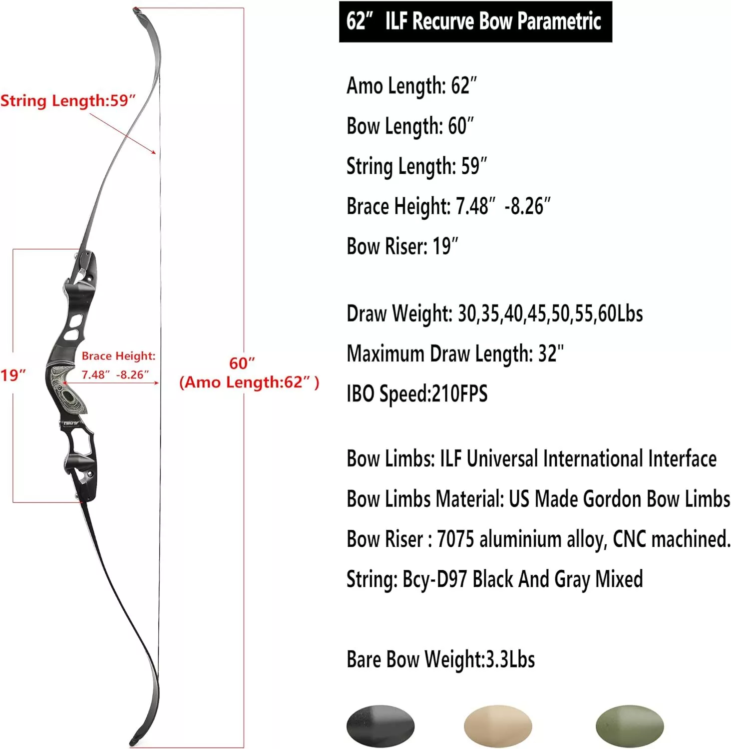 JUNXING TAOW 62" Takedown Recurve Bow ILF 19" Riser 210FPS 30-60lbs 