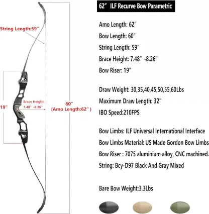JUNXING TAOW 62" Takedown Recurve Bow ILF 19" Riser 210FPS 30-60lbs 