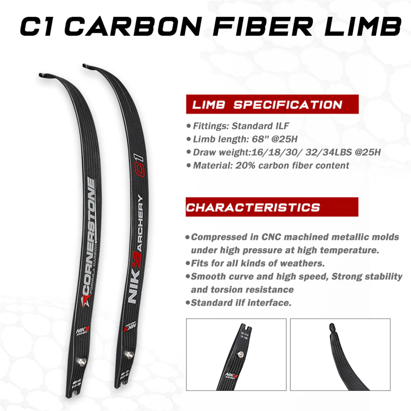 NIKA Archery C1 Limb 68@25H Carbon Fiber Recurve Bow ILF Limb