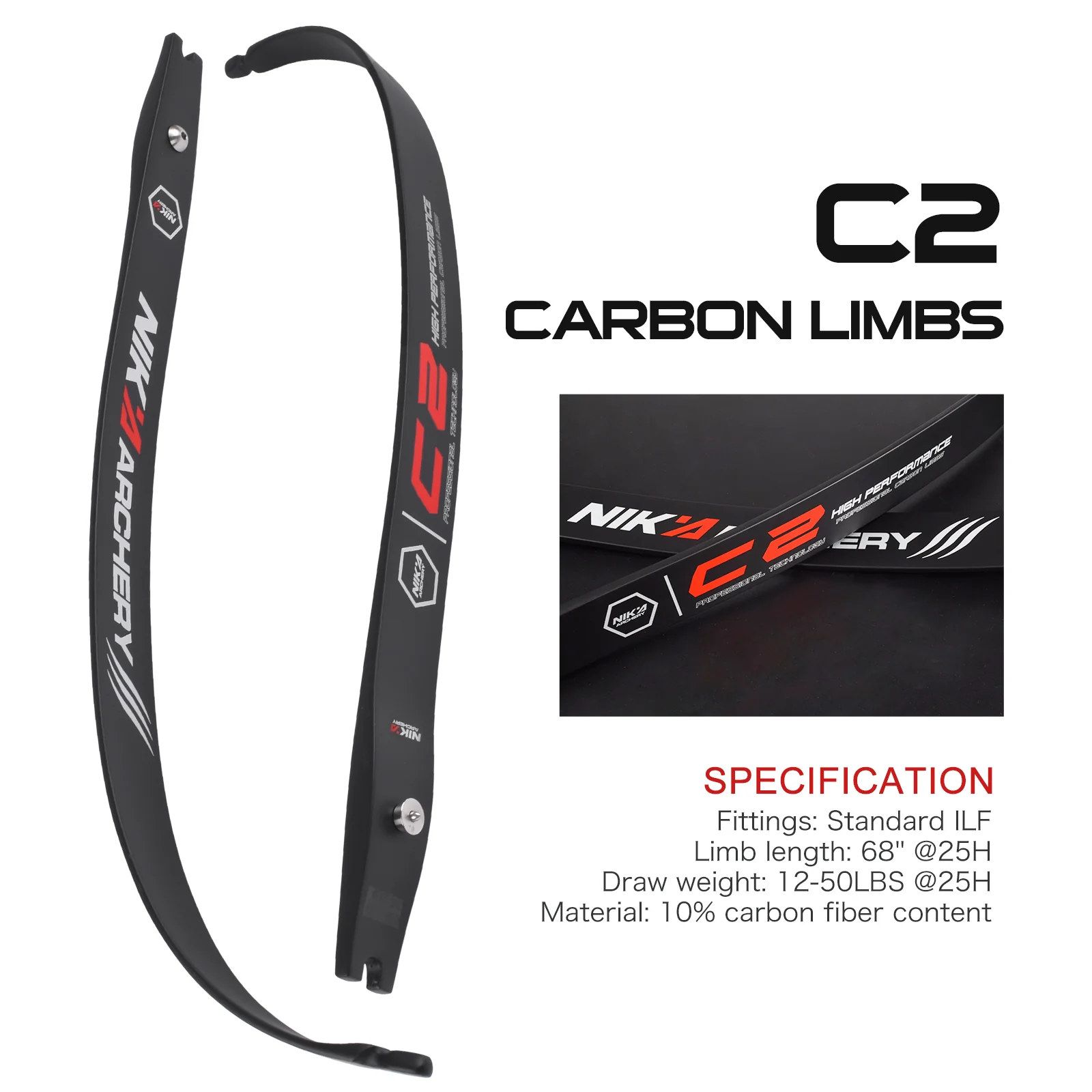 NIKA Archery C2 limb 68"@25 Recurve Bow ILF Carbon Limbs