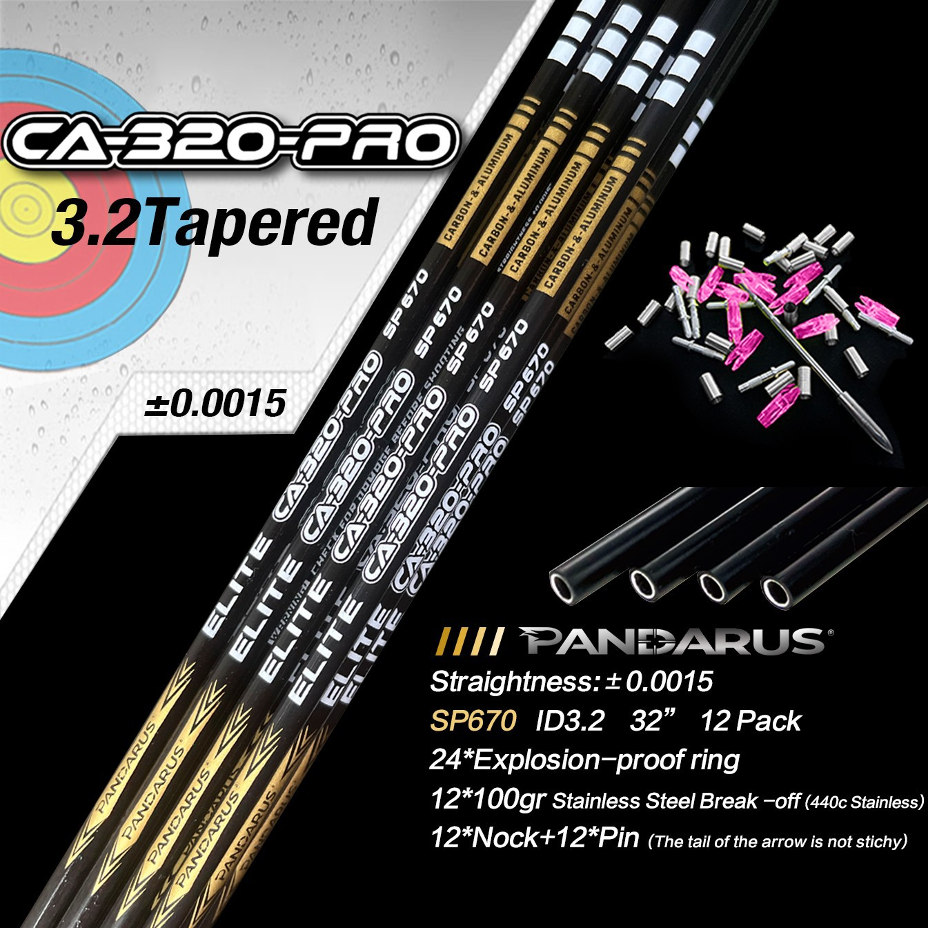 Pandarus ELITE CA-320 PRO Series 3.2mm Tapered Carbon Aluminum Polished Shafts Arrows