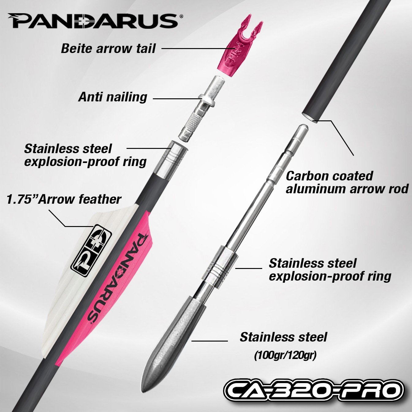 Pandarus CA-320 PRO Series 3.2mm Tapered Carbon Aluminum Polished Shafts Arrows