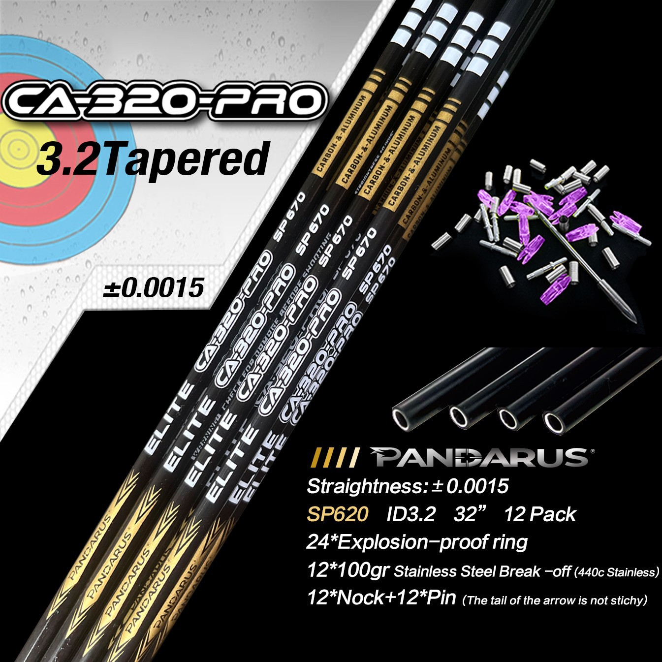 Pandarus ELITE CA-320 PRO Series 3.2mm Tapered Carbon Aluminum Polished Shafts Arrows