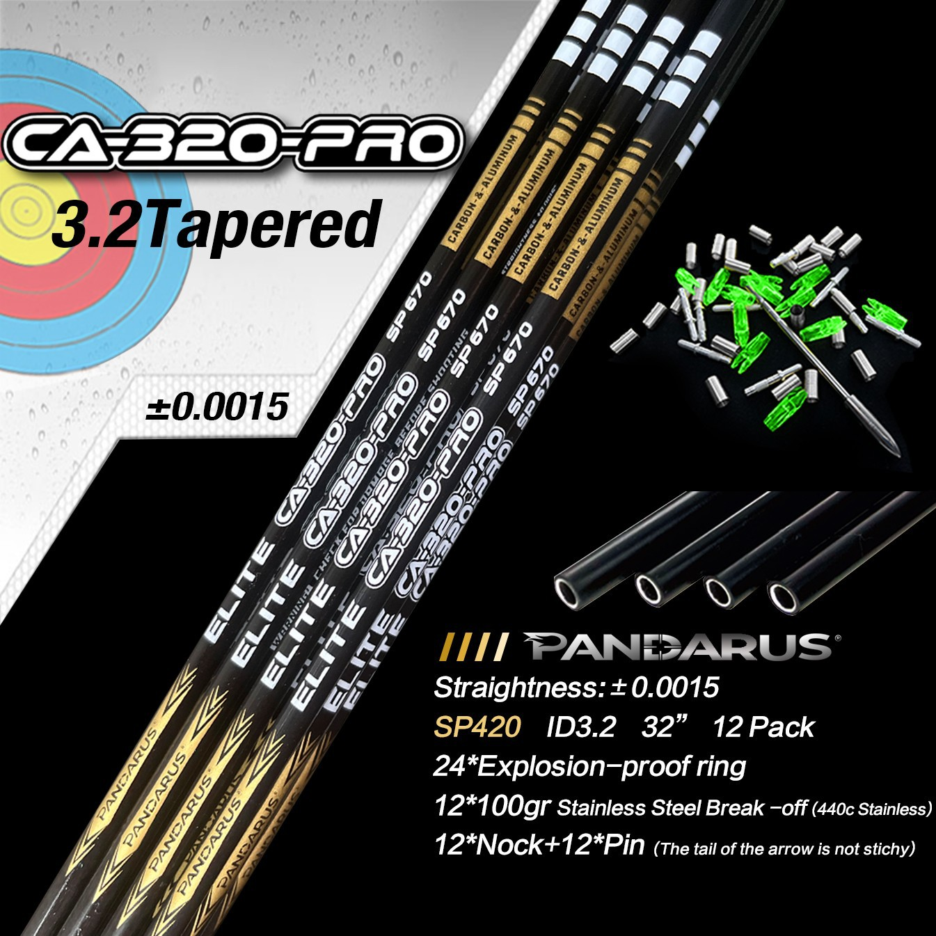 Pandarus ELITE CA-320 PRO Series 3.2mm Tapered Carbon Aluminum Polished Shafts Arrows