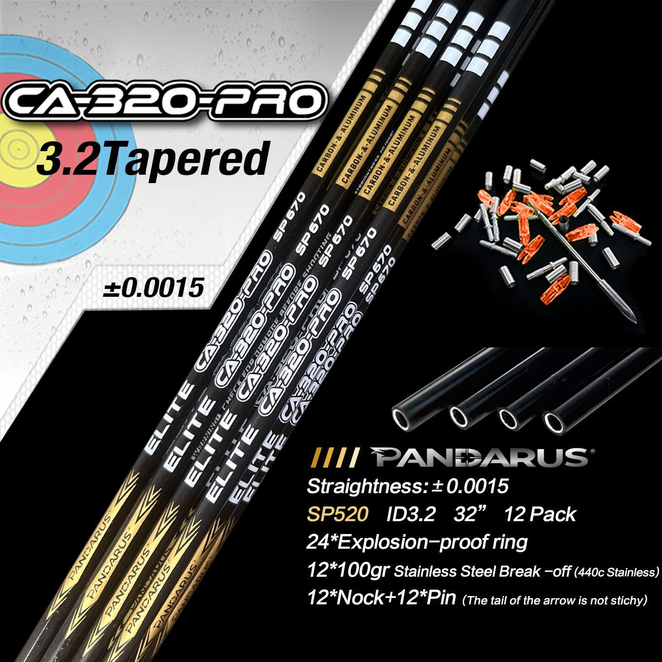 Pandarus ELITE CA-320 PRO Series 3.2mm Tapered Carbon Aluminum Polished Shafts Arrows