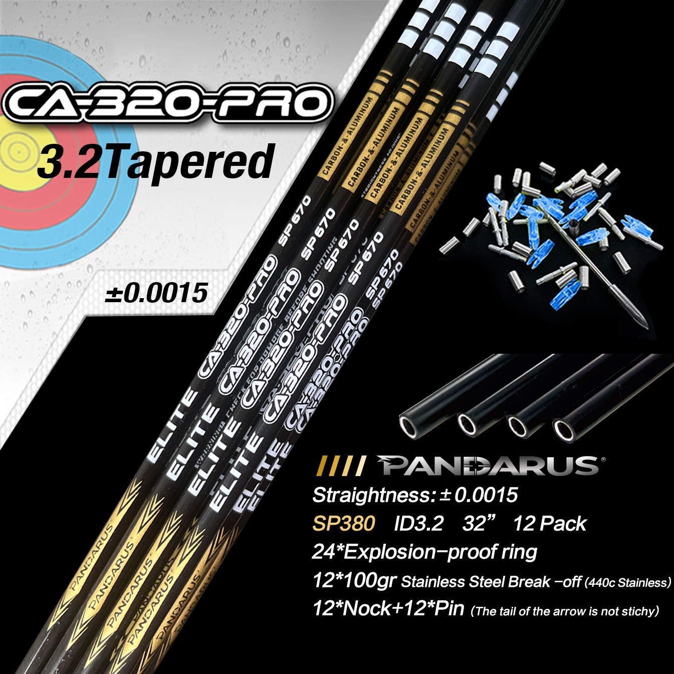 Pandarus ELITE CA-320 PRO Series 3.2mm Tapered Carbon Aluminum Polished Shafts Arrows