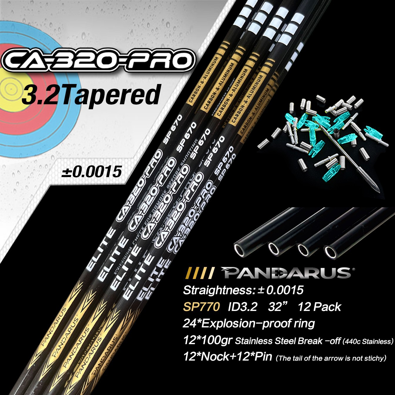 Pandarus ELITE CA-320 PRO Series 3.2mm Tapered Carbon Aluminum Polished Shafts Arrows