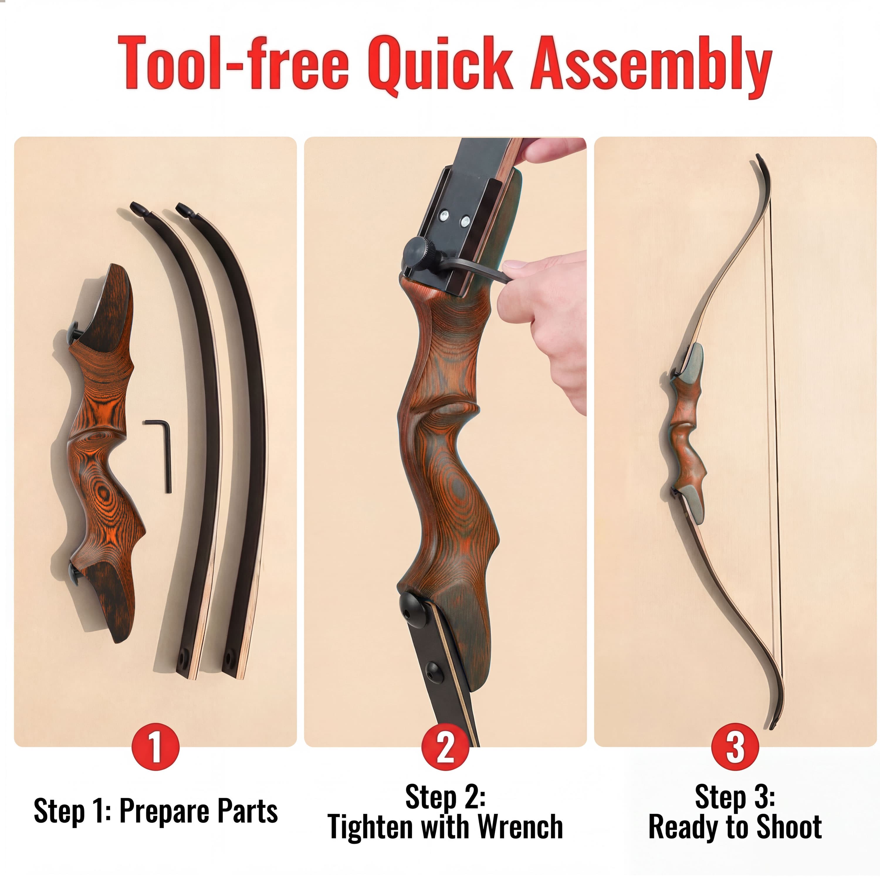 Rock Bear Wooden Takedown Recurve Bow RH Archery Hunting 20-60lbs