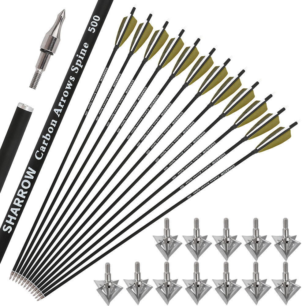 12pcs 30" Spine 500 Mixed Carbon Arrows Complete Set with Cross-Star Arrowheads