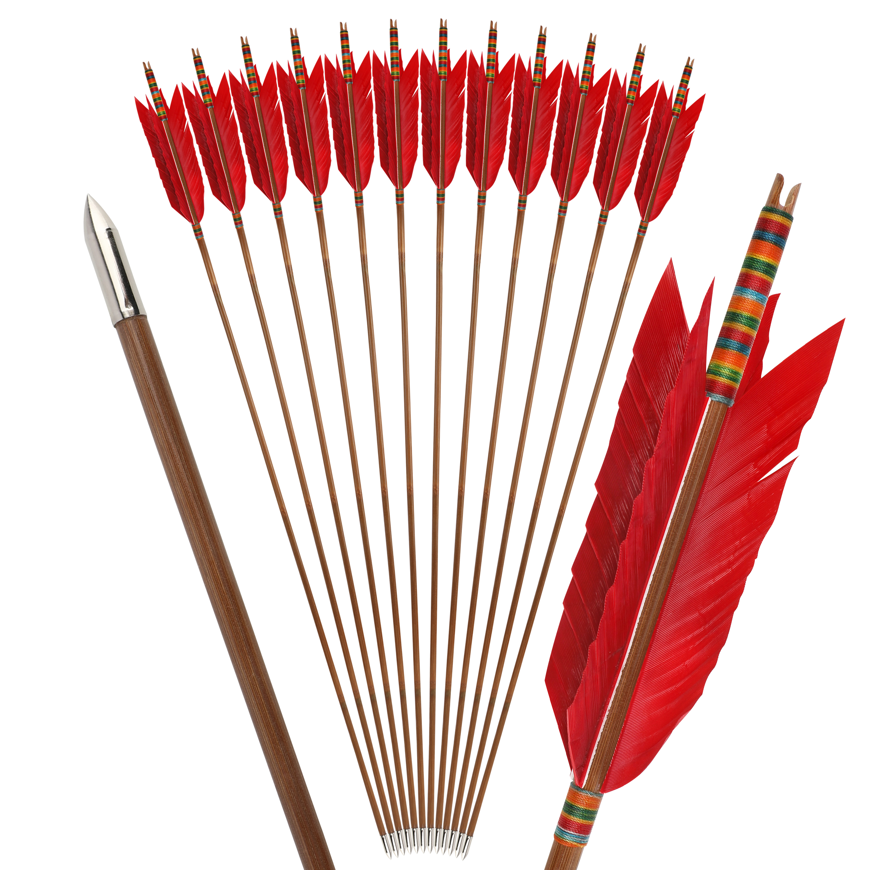 US Bamboo Target Arrows, 33.5", 8mm, 4x4" Turkey Feathers 12pcs