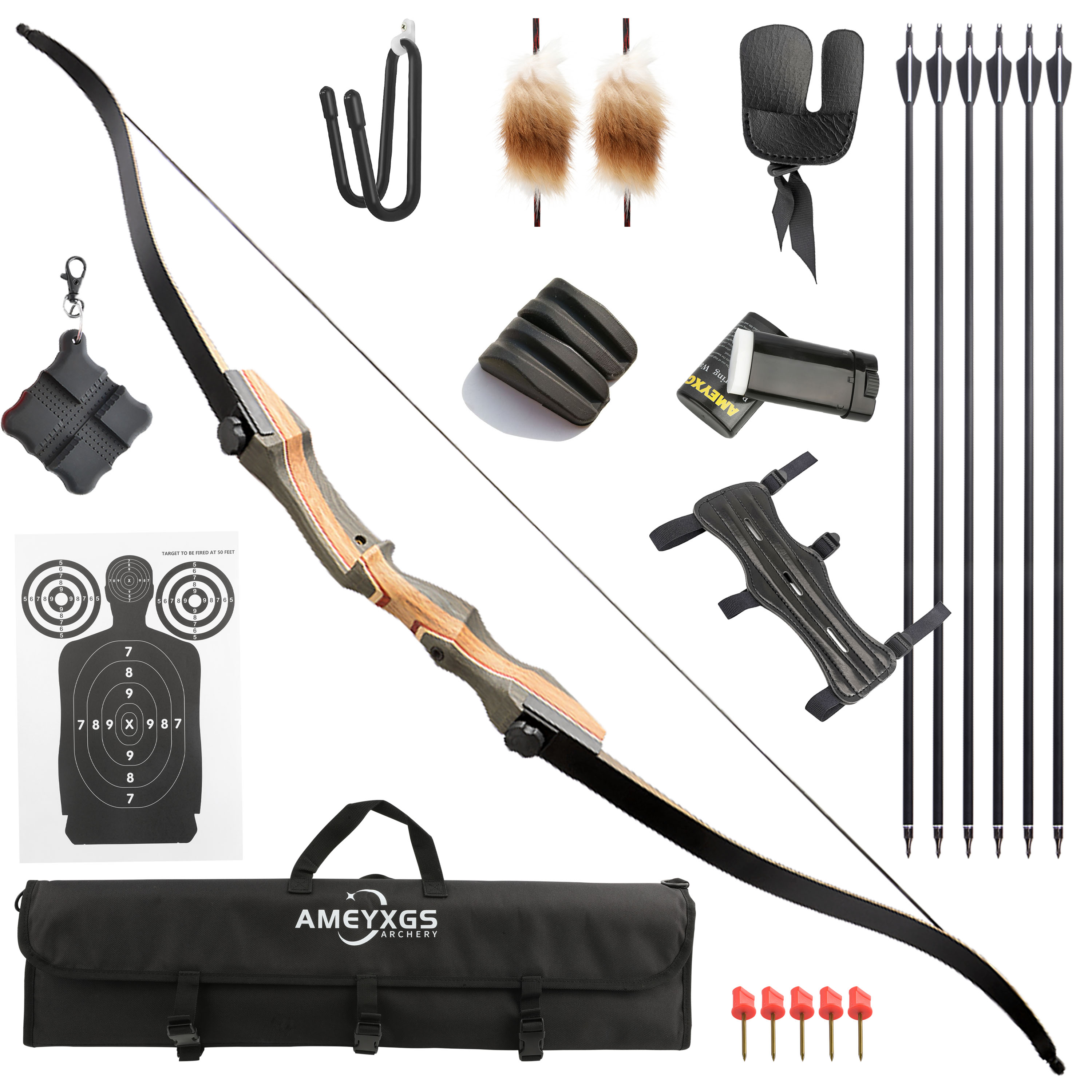 Takedown Recurve Bow, 62", 19" Technology Wood Riser, 50 lbs, Fast Plug-in Design
