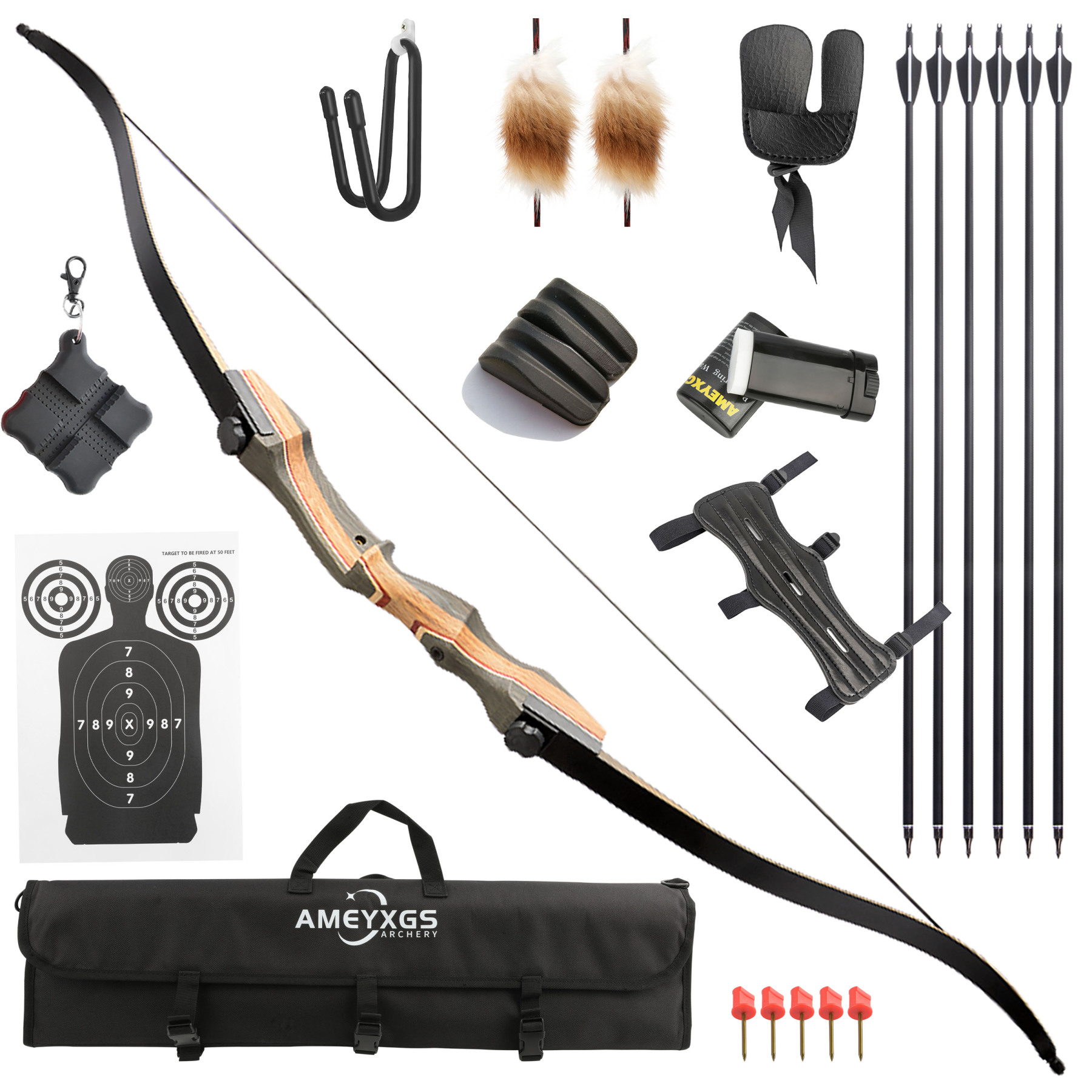 Takedown Recurve Bow, 62", 19" Technology Wood Riser, 50 lbs, Fast Plug-in Design