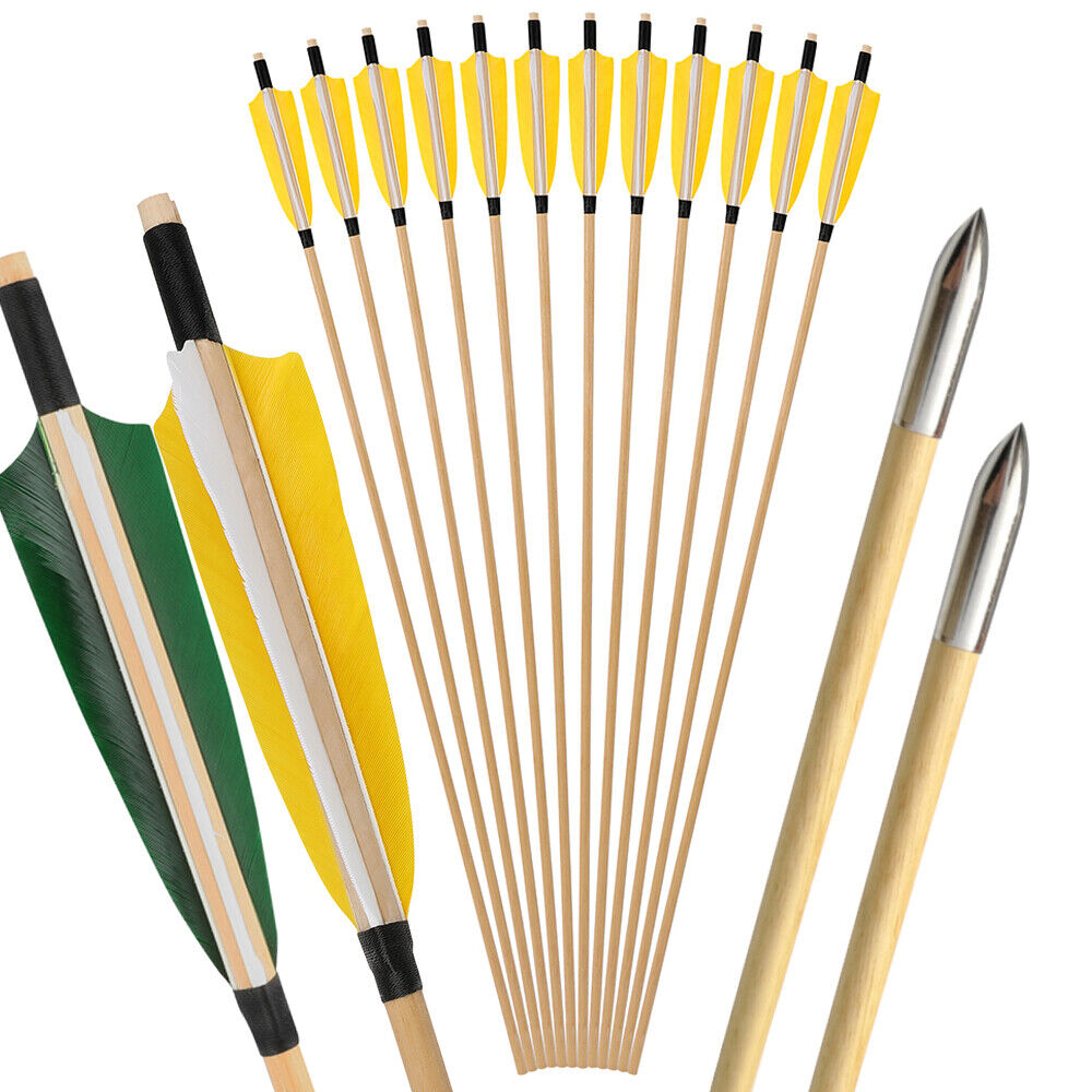 Traditional Wooden Arrows, 31.5", 8mm, 5" Shield Feathers, 12pcs Set, Steel Tips