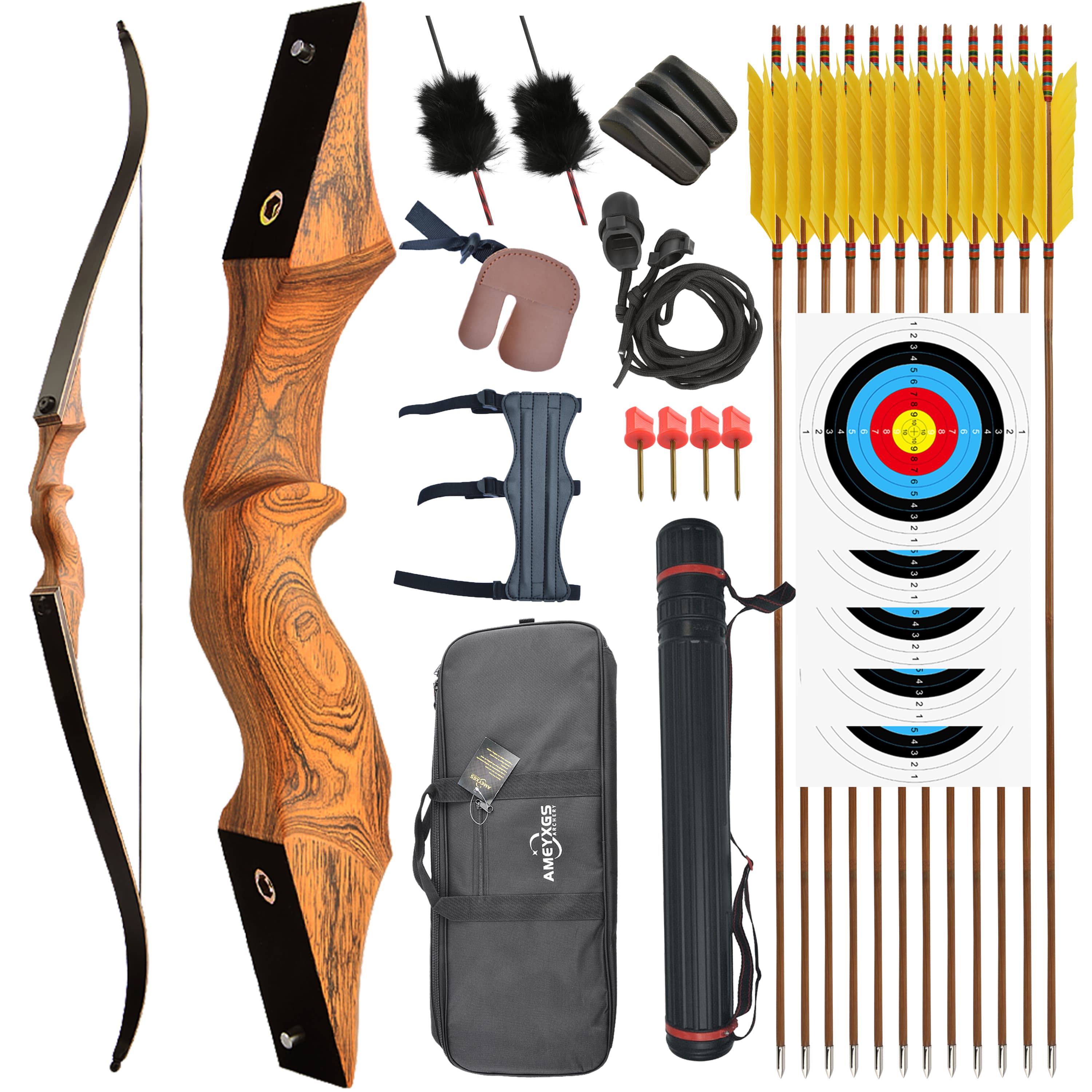 Black Hunter 60'' Archery Wooden Recurve Bow Kit Hunting 20-60lbs