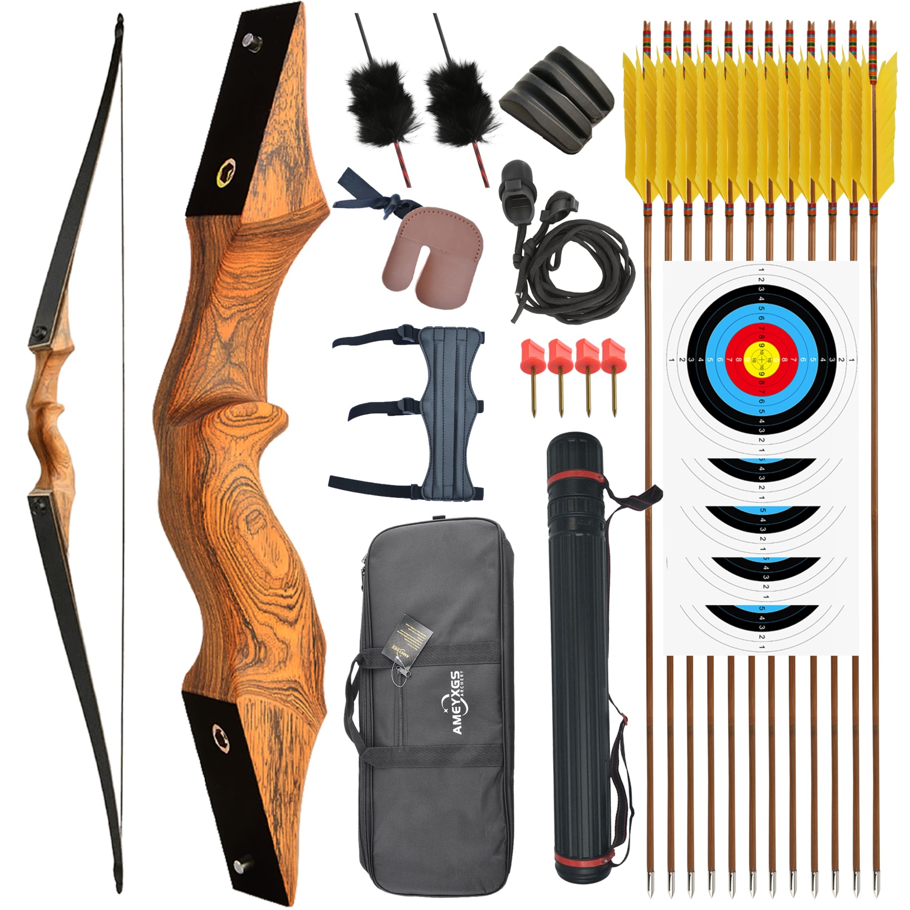 Black Hunter 60'' Archery Wooden Longbow Kit Hunting 20-60lbs
