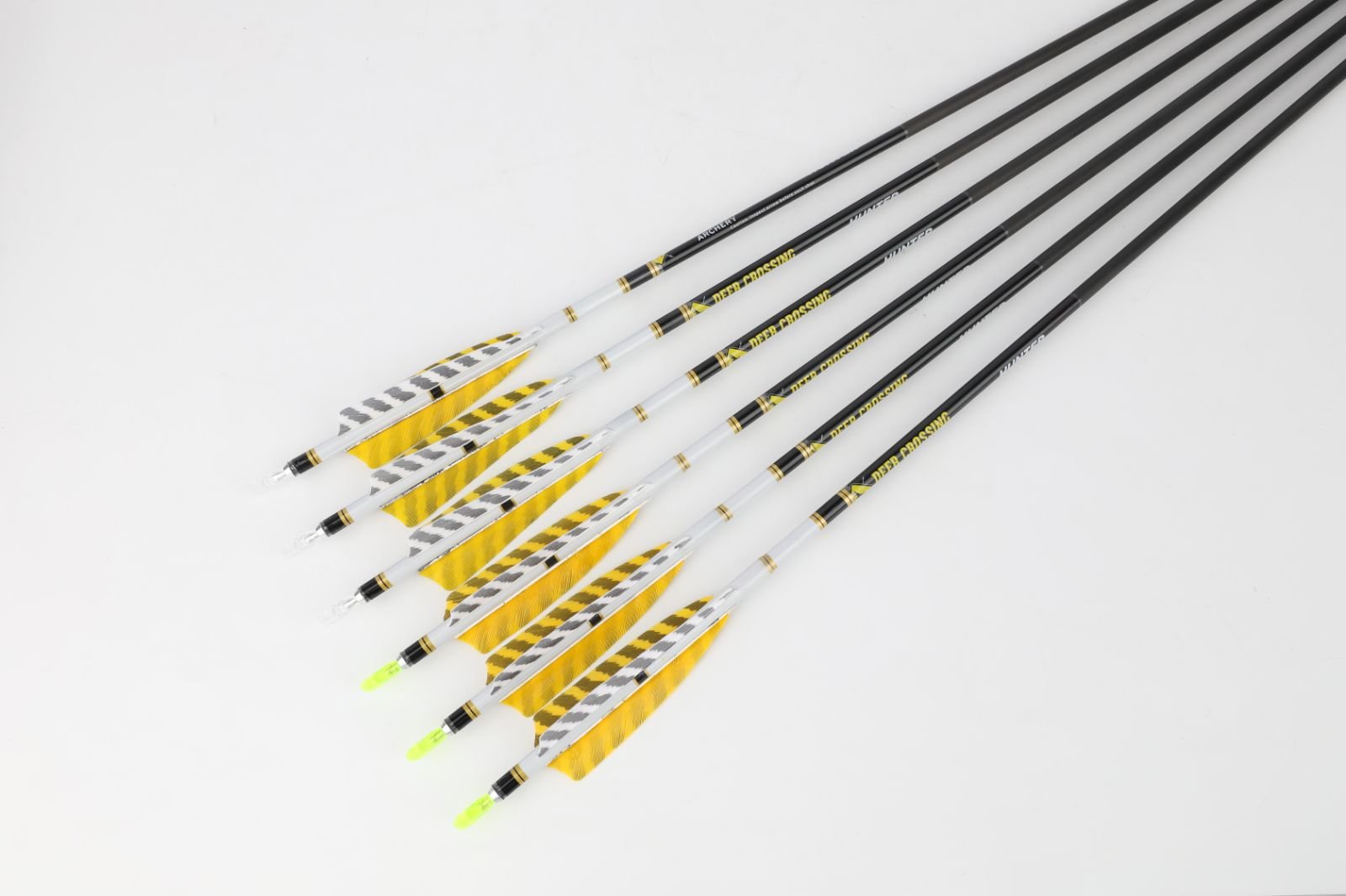 Deer Crossing Pure Carbon Arrow – 2 Yellow 1 White 4" Shield Striped Feather Fletching (12pcs)
