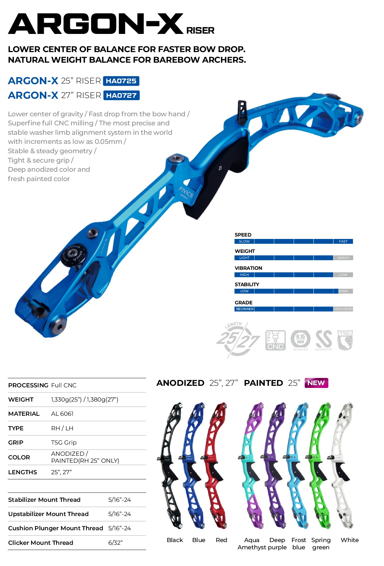 FIVICS  ARGON-X Riser 25"/27" – Precision CNC Machined Barebow Recurve Bow Riser