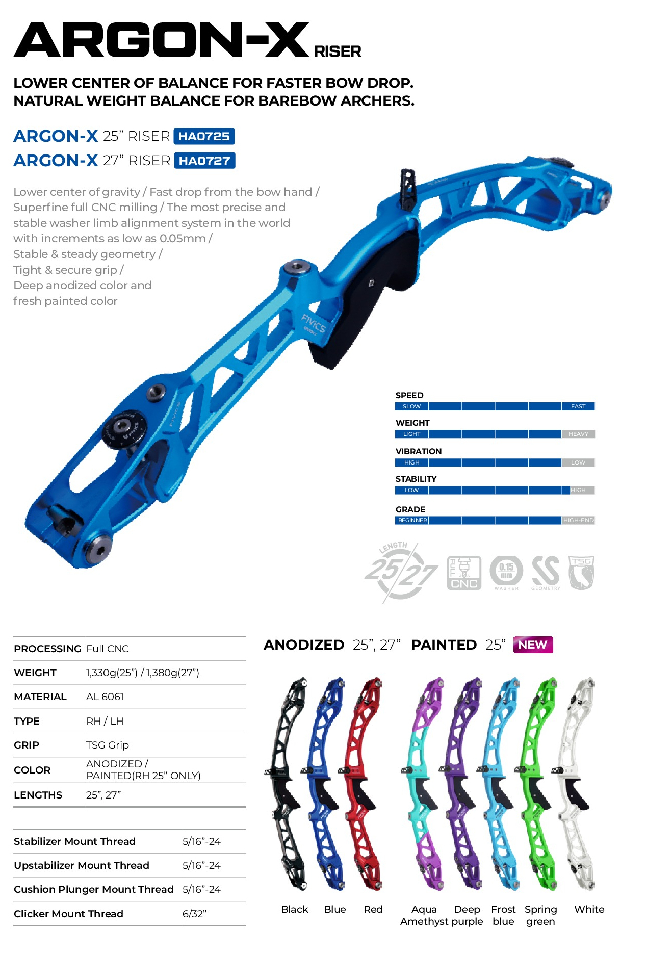 FIVICS  ARGON-X Riser 25"/27" – Precision CNC Machined Barebow Recurve Bow Riser