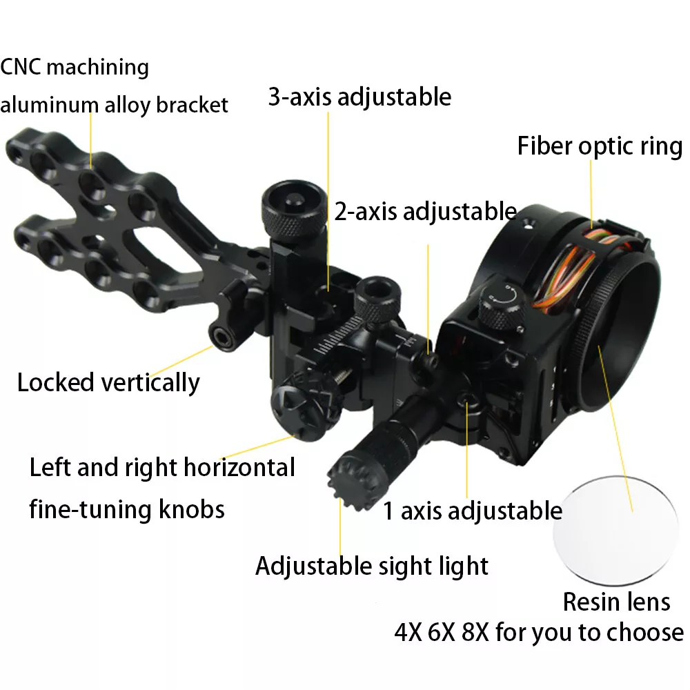 Topoint Archery TX1550 Compound Bow Sight – CNC Aluminum, 0.019" Pin, 1/2/3-Axis Adjustable with Optional Lens