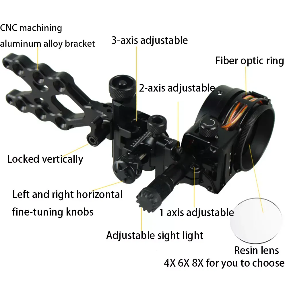 Topoint Archery TX1550 Compound Bow Sight – CNC Aluminum, 0.019" Pin, 1/2/3-Axis Adjustable with Optional Lens