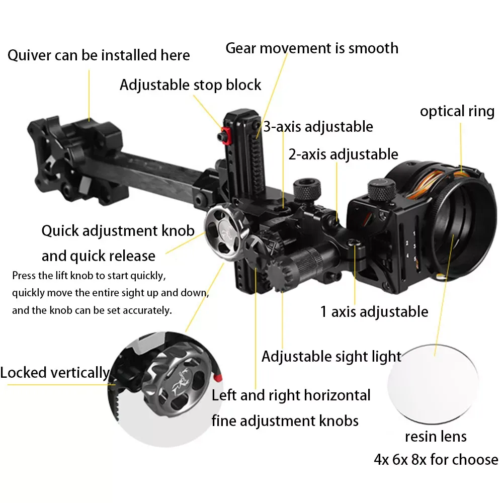 TOPOINT ARCHERY TX2650 Compound Bow Sight – CNC Aluminum + Carbon, 5-Pin 0.019", 6" Extension, Multi-Axis Adjustable with Optional Lens