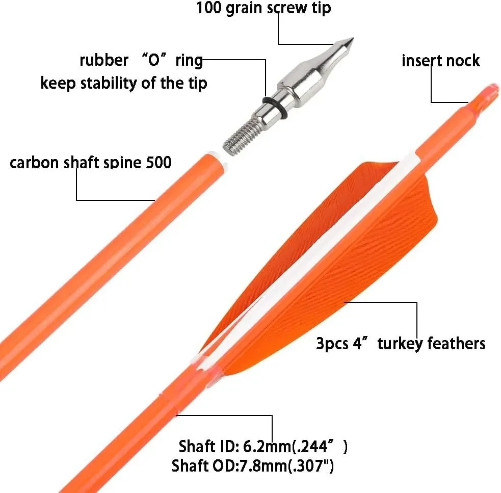 AME ARCHERY Carbon Arrows – 4" Turkey Feathers, Spine 500/600(12pcs)