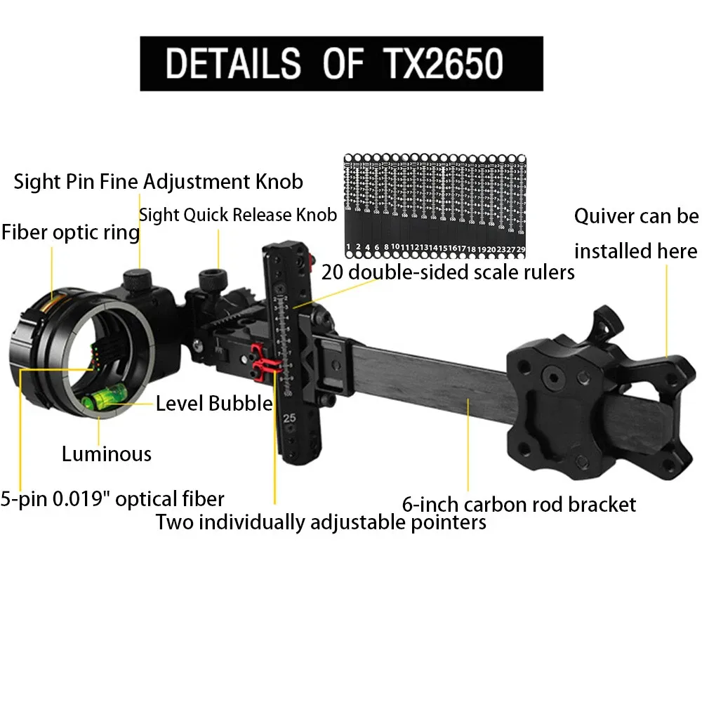 TOPOINT ARCHERY TX2650 Compound Bow Sight – CNC Aluminum + Carbon, 5-Pin 0.019", 6" Extension, Multi-Axis Adjustable with Optional Lens