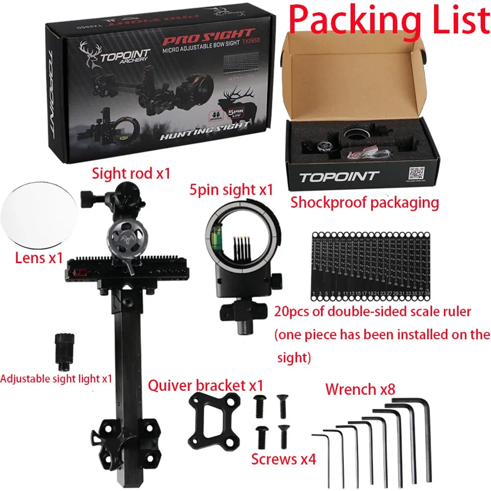 TOPOINT ARCHERY TX2650 Compound Bow Sight – CNC Aluminum + Carbon, 5-Pin 0.019", 6" Extension, Multi-Axis Adjustable with Optional Lens
