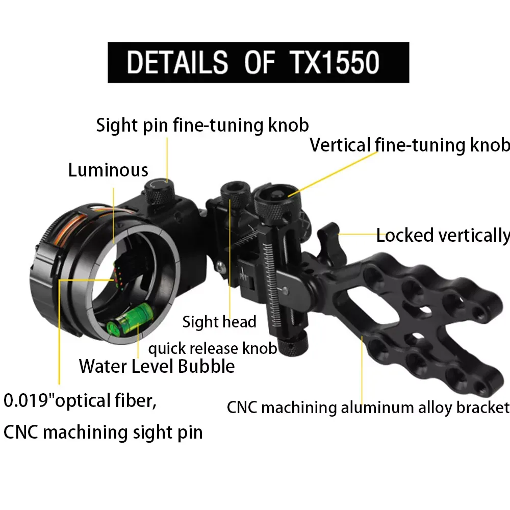 Topoint Archery TX1550 Compound Bow Sight – CNC Aluminum, 0.019" Pin, 1/2/3-Axis Adjustable with Optional Lens