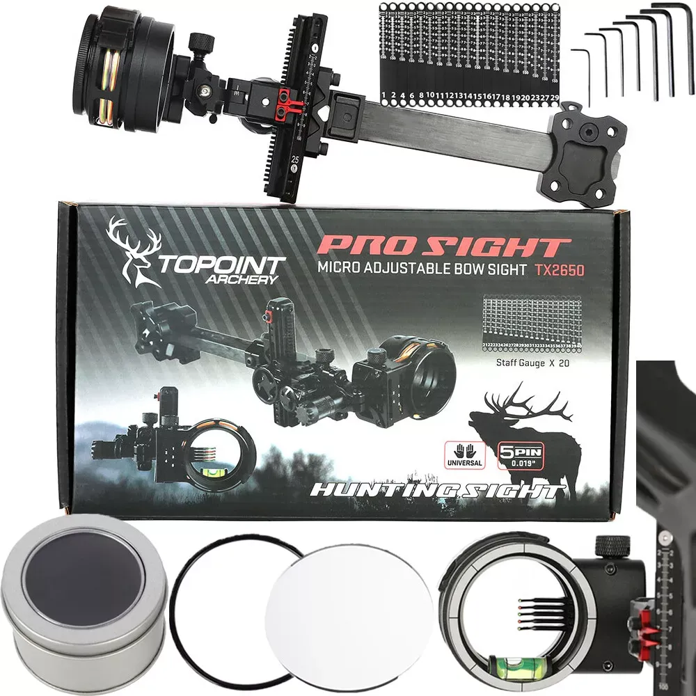 TOPOINT ARCHERY TX2650 Compound Bow Sight – CNC Aluminum + Carbon, 5-Pin 0.019", 6" Extension, Multi-Axis Adjustable with Optional Lens