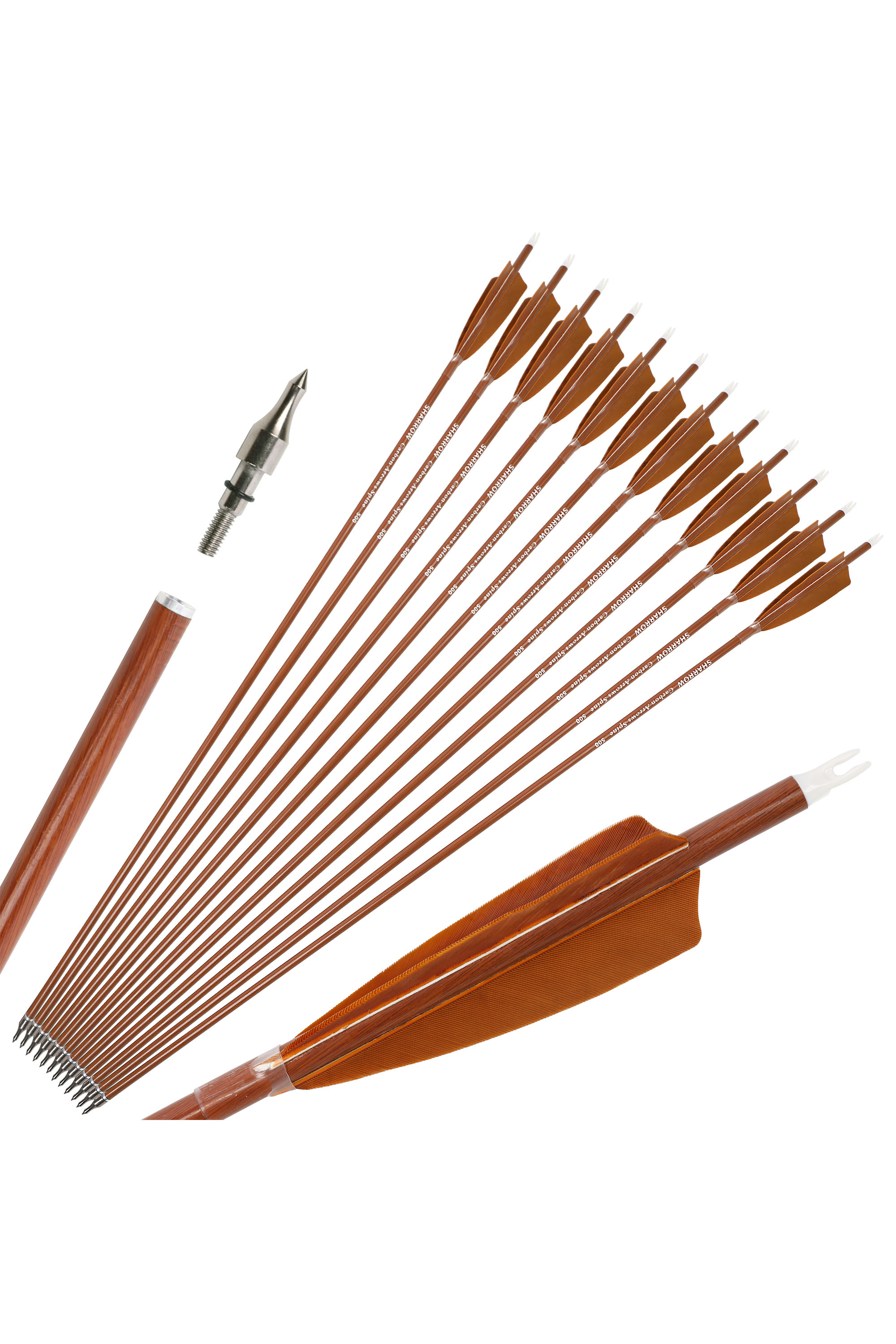 Mixed Carbon Arrows, SP500/600, 4" Brown Shield Feathers, 12-Pack