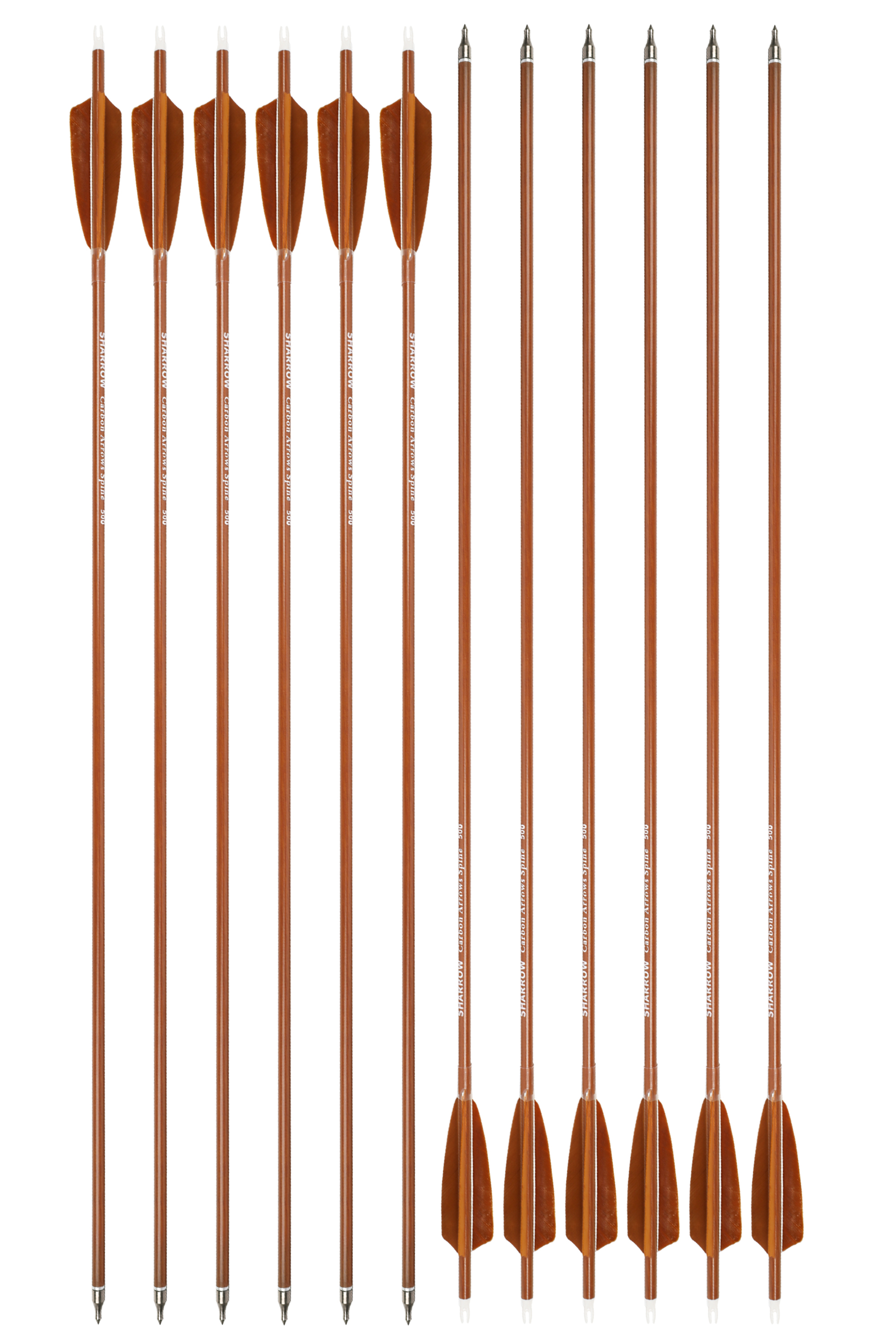 Mixed Carbon Arrows, SP500/600, 4" Brown Shield Feathers, 12-Pack