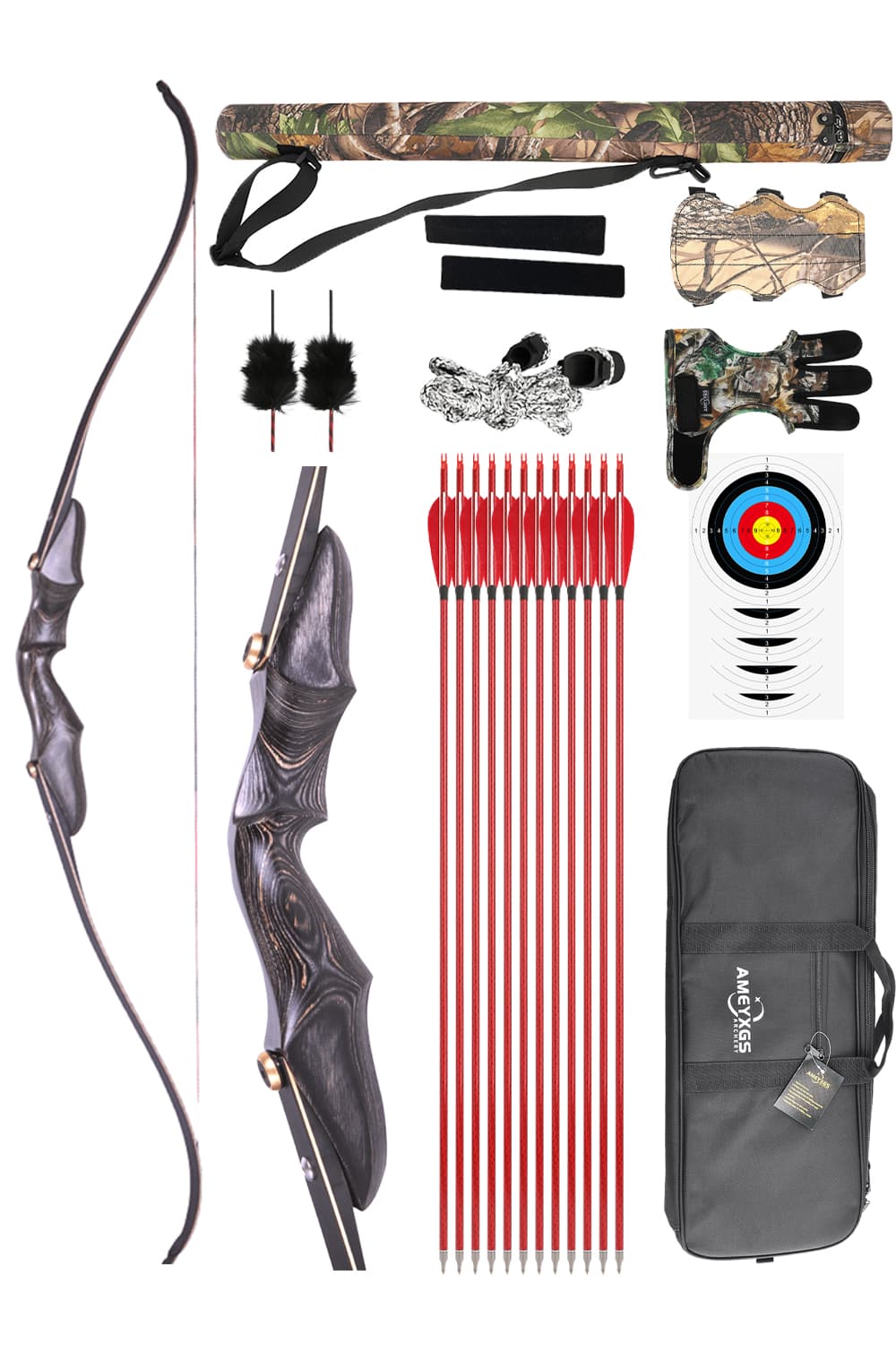 58" Wooden Traditional Recurve Bow ILF Takedown 20–50 lbs