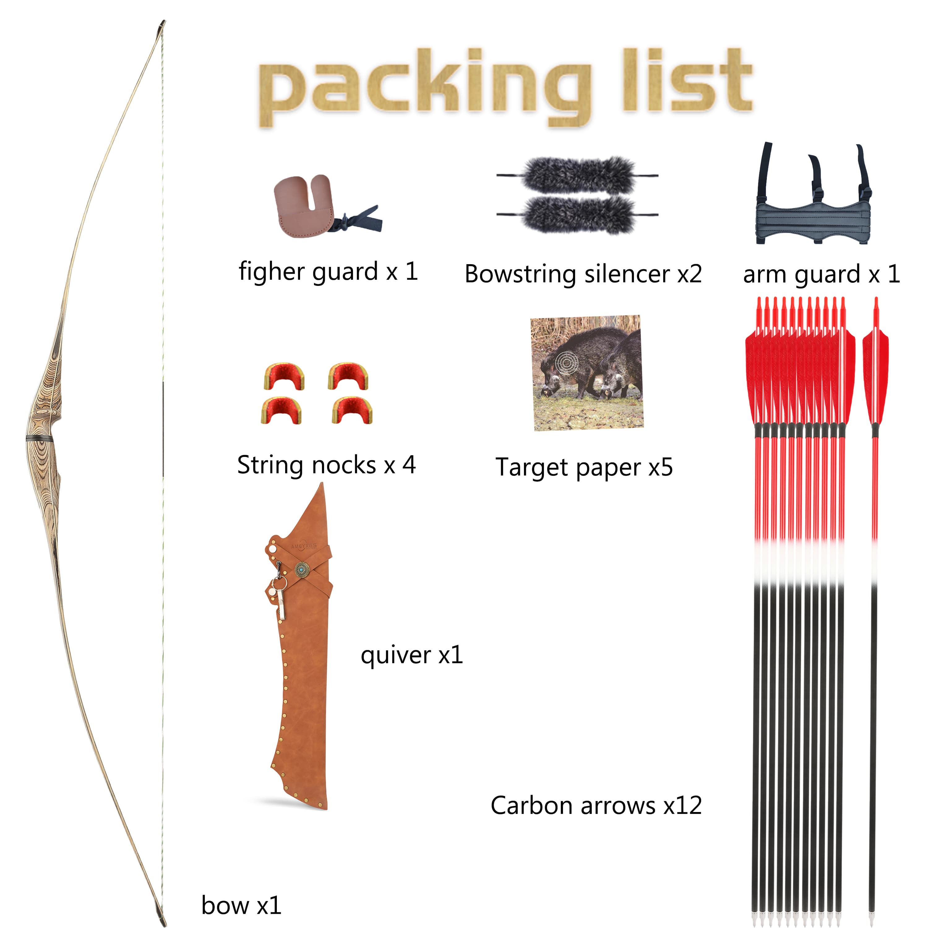 60"62"64" Hunting Traditional Bow Takedown Longbow 20-50Lbs 