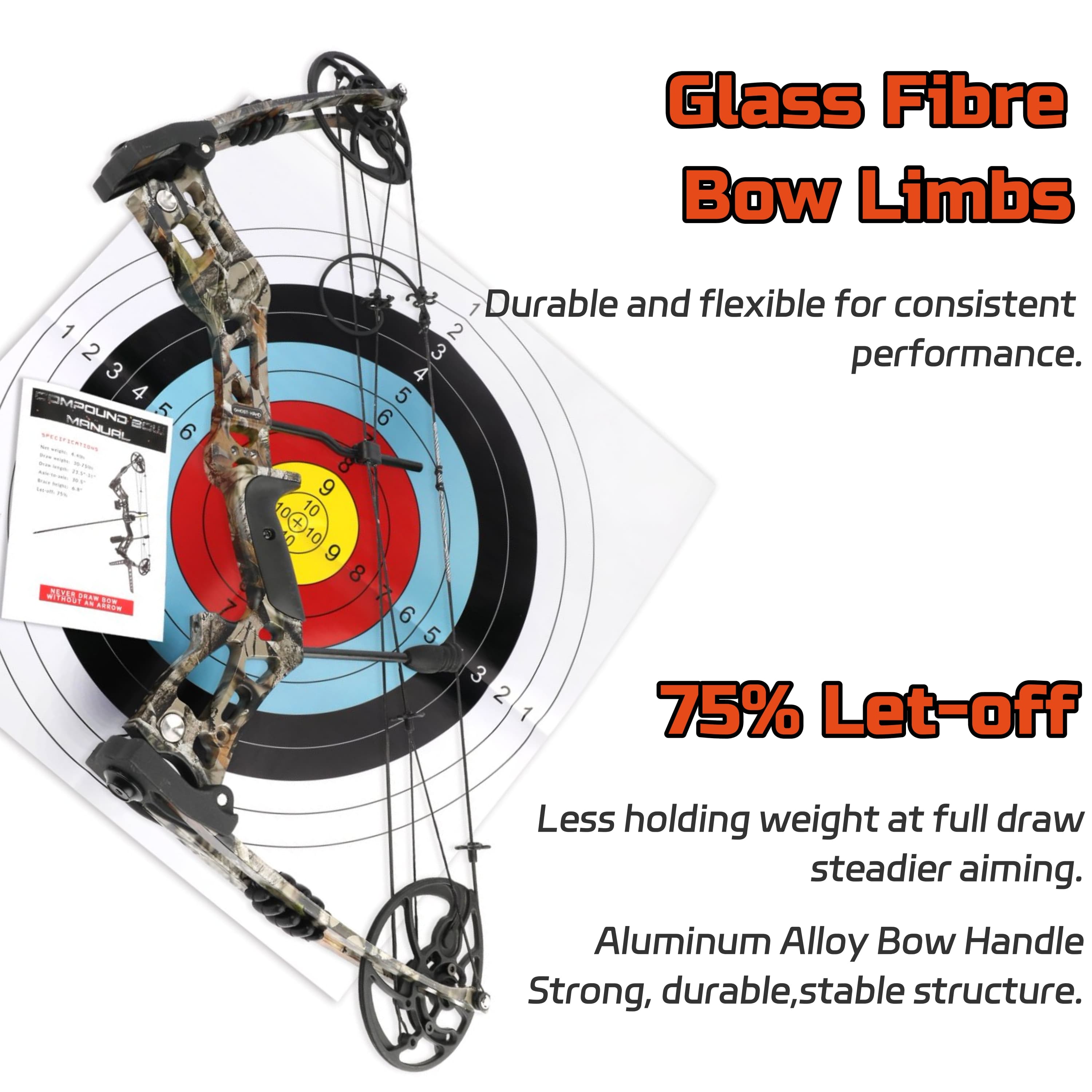 Compound Bow 30-70lbs Adjustable 75% Let-off Training Kit with 12 Arrows