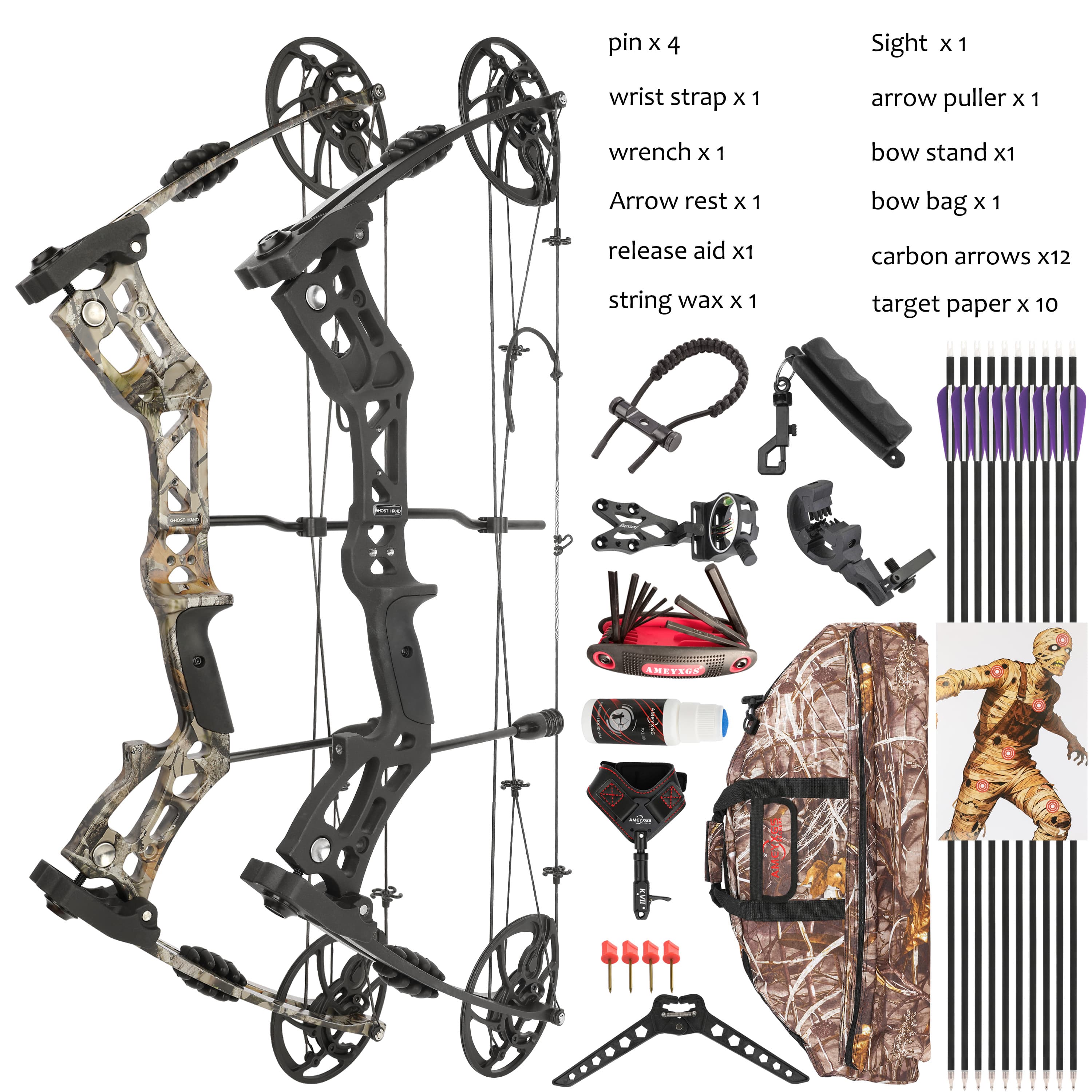 Compound Bow 30-70lbs Adjustable 75% Let-off Training Kit with 12 Arrows