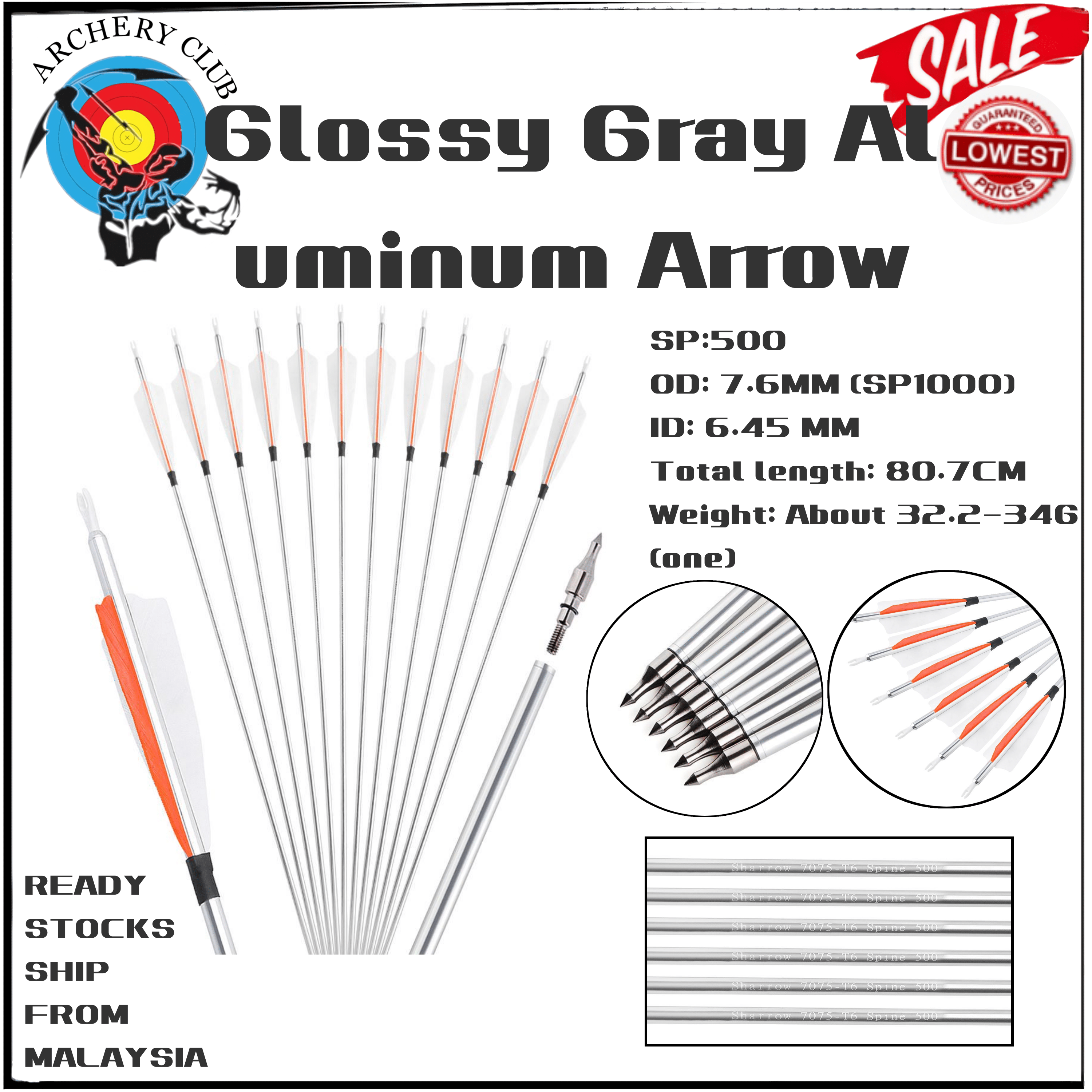 【Delivery Locally】Archery Glossy Gray Aluminum Arrow SP500